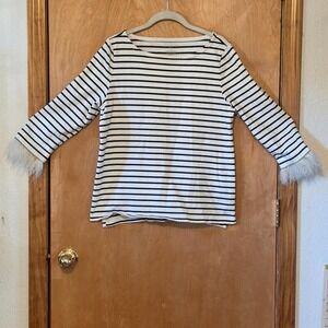 Talbots Ostrich Feather Cuff Bateau Neck Striped Tee Black Cream LP Petite Large